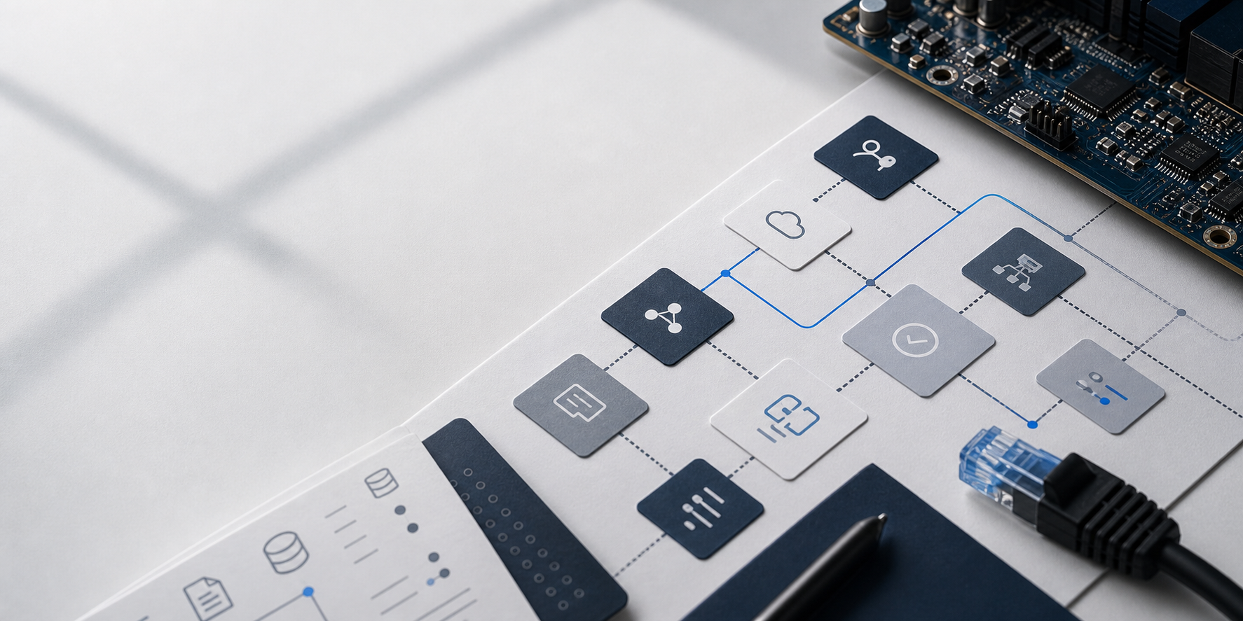 An editorial technology header showing infrastructure, automation, AI workflows, and operational resilience.